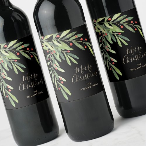 Branches Berries Christmas Holiday Black Wine Label