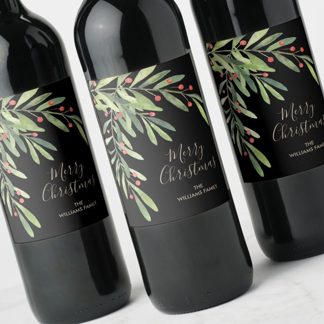 Branches Berries Christmas Holiday Black Wine Label (Creator Uploaded)
