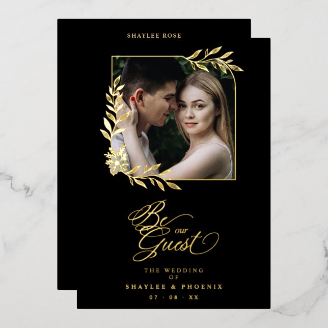 Branches Frame Luxury Golden Chic Photo Wedding Foil Invitation (Front/Back)