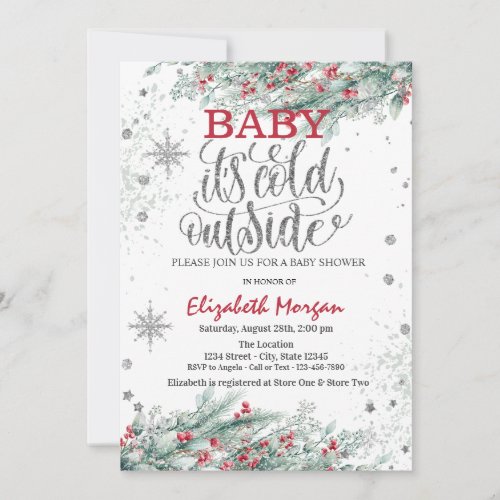 Branches Holly Berry Snowflakes Baby Shower Invitation