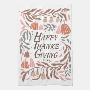 Branches, leaves and pumpkins fall Thanksgiving Kitchen Towel