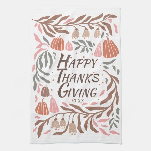 Branches leaves and pumpkins fall Thanksgiving Kitchen Towel