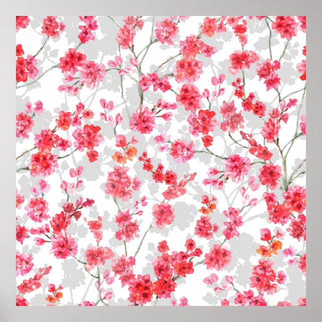 Branches of cherry blossoms on white and gray back poster (Front)
