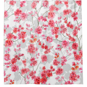 Branches of cherry blossoms on white and grey back shower curtain