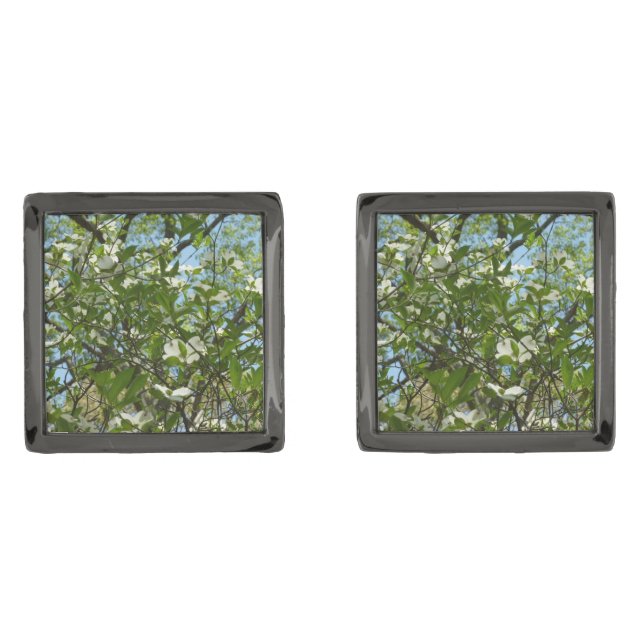 Branches of Dogwood Blossoms Spring Trees Gunmetal Finish Cufflinks (Front)