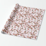 Branches of red small flowers in blossom pattern wrapping paper
