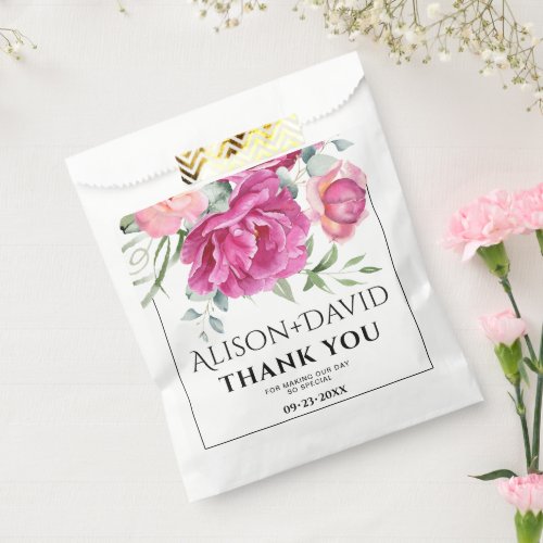 Branches pink rose flowers and typography wedding favor bag