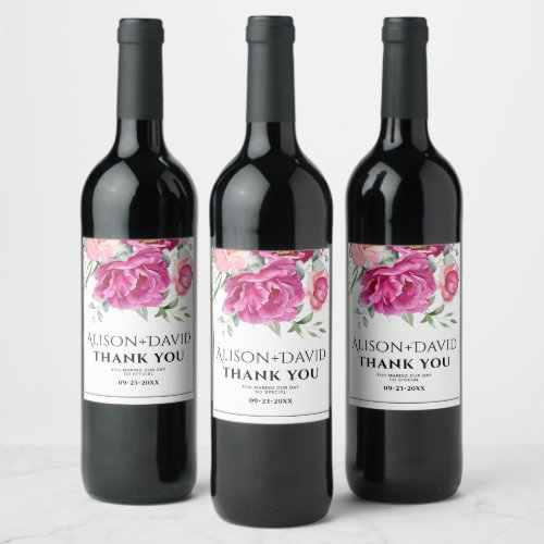 Branches pink rose flowers and typography wedding wine label