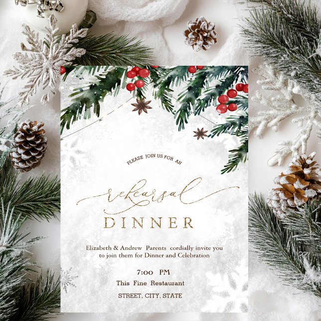 Branches Red Berries Snowflake Rehearsal Dinner Invitation (Creator Uploaded)