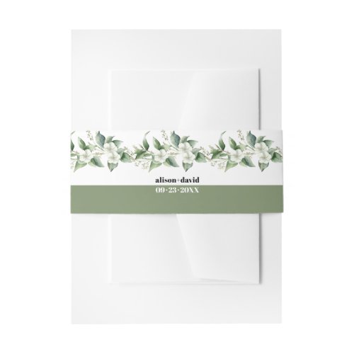 Branches with greenery and white flowers wedding invitation belly band