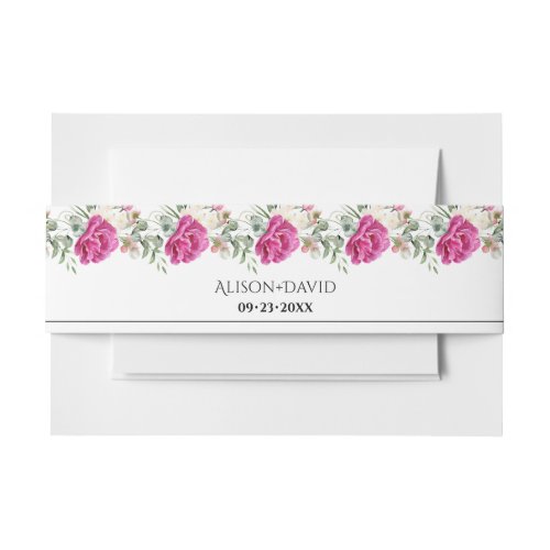 Branches with pink rose flowers and leaves wedding invitation belly band