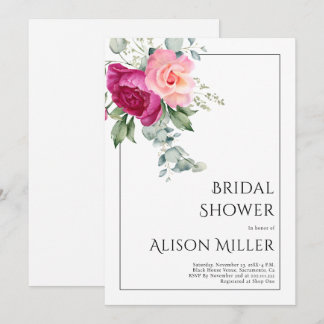 Branches with pink rose flowers bridal shower invitation