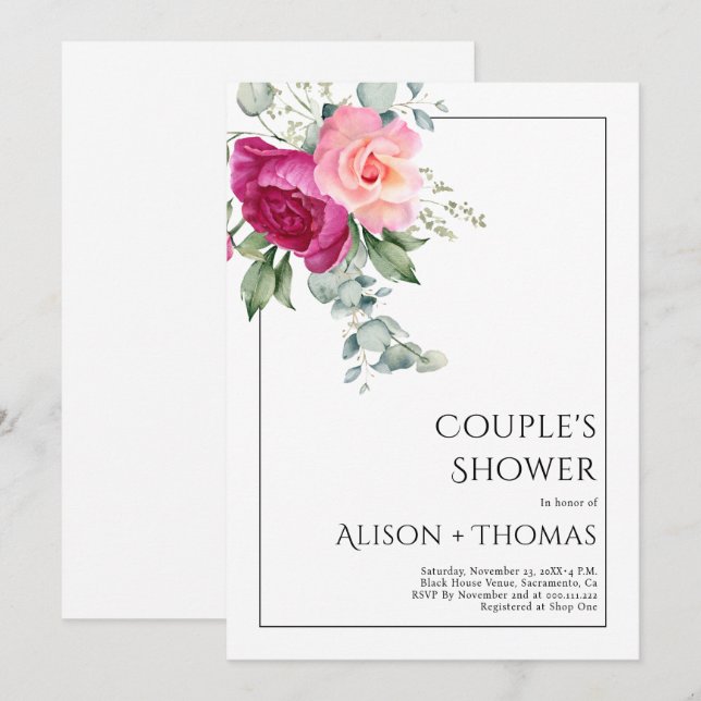 Branches with pink rose flowers couple's shower invitation (Front/Back)