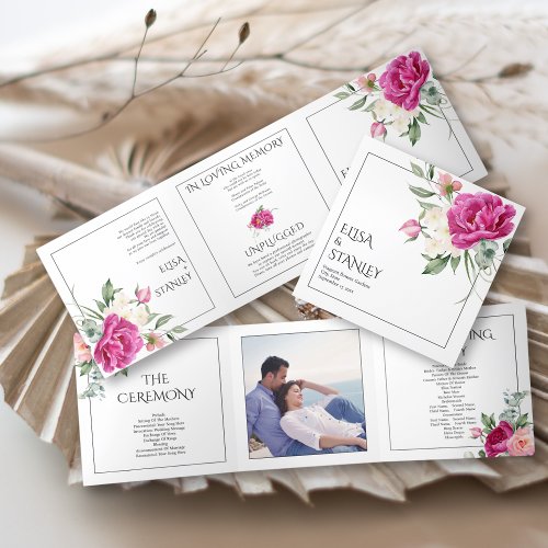 Branches with pink rose flowers floral wedding Tri_Fold program