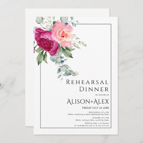 Branches with pink rose flowers rehearsal dinner invitation