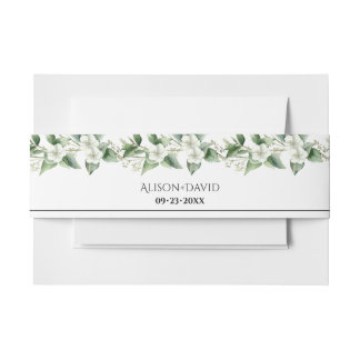 Branches with white flowers and leaves wedding invitation belly band