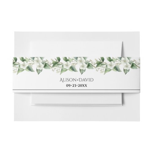 Branches with white flowers and leaves wedding invitation belly band