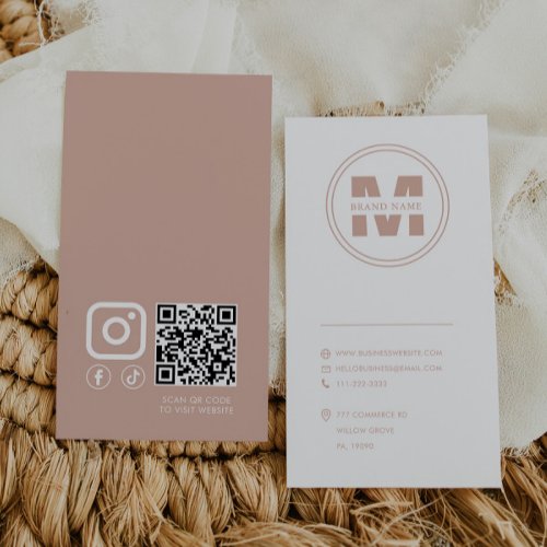 Brand Name Monogram Blush and White Qr Code Business Card