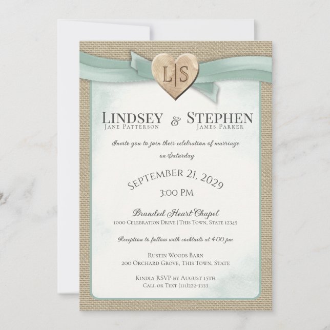 Branded Heart and Ribbon Sage Green Wedding Invitation (Front)