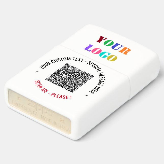 Branded Logo Text QR Code Zippo Lighter Example (Angled)