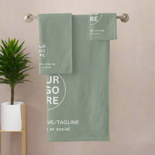 Branded Logo & Text Sage Green Business Promotion Bath Towel Set
