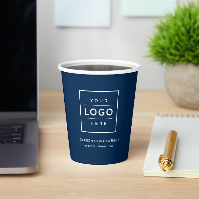 Branded Navy Blue Business Logo Paper Cups (Insitu)