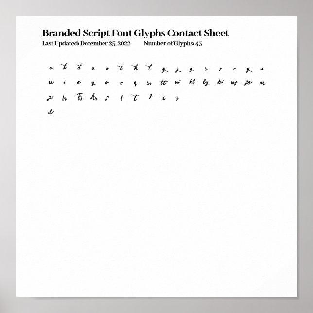 Branded Script Font Glyphs Contact Sheet Poster (Front)