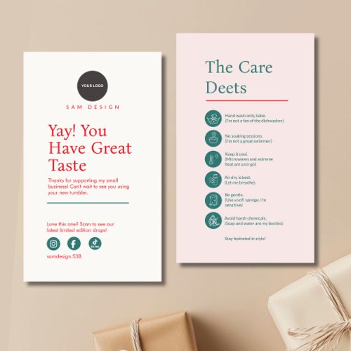 Branding Logo Social Media Tumbler Care Card