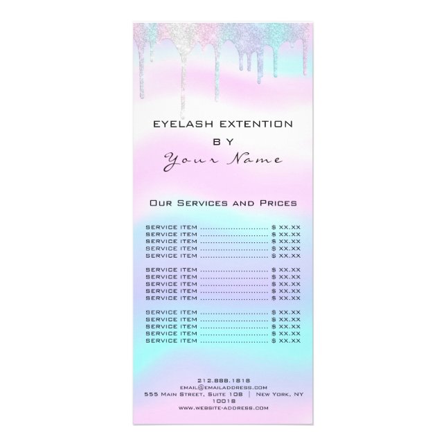 Branding Price List Lash Extension Holograph Pink Rack Card (Front)