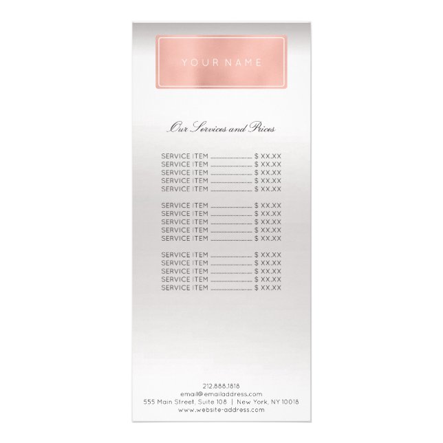 Branding Price List Pink Rose Gold Silver Ombre Rack Card (Front)