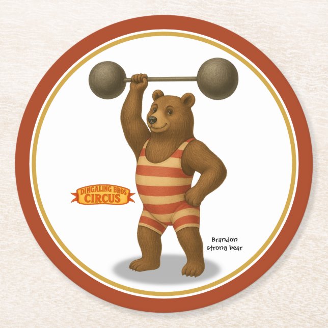 Brandon, circus strong-bear round paper coaster (Front)