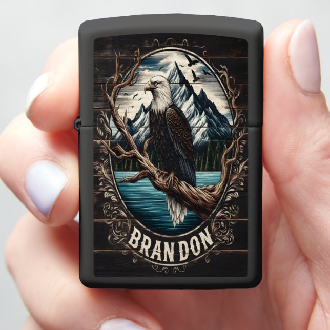Brandon Eagle Soaring Above Mountains Zippo Lighter (In Hand)