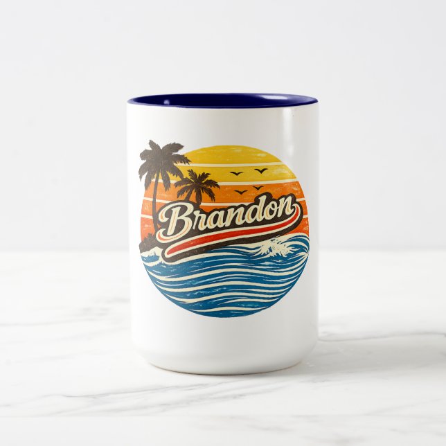 Brandon Retro Sunset Name Design Two-Tone Coffee Mug (Center)
