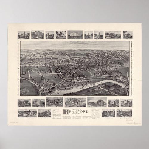 Branford Connecticut 1905 Antique Panoramic Map Poster