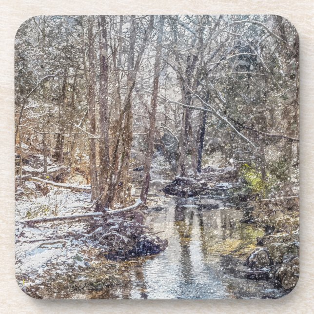 Branson Fall Creek Winter Snow Painterly Beverage Coaster (Front)