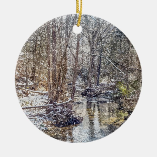 Branson Fall Creek Winter Snow Painterly Ceramic Ornament (Front)