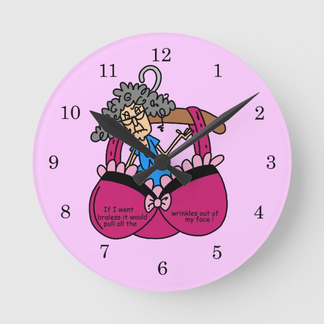 Bras and Wrinkles Humor Round Clock (Front)