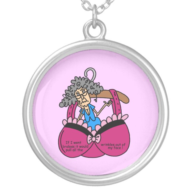 Bras and Wrinkles Humor Silver Plated Necklace (Front)