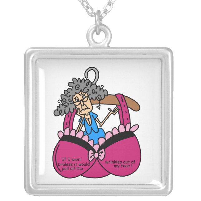 Bras and Wrinkles Humor Silver Plated Necklace (Front)