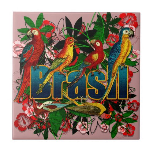 Brasil Brazil Tropical floral rainforest birds art Tile