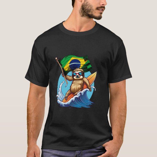 Brasil Flag Sloth Surfing Brazilian Pride Brasilia T-Shirt (Front)