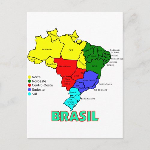 Brasil Regions in Color Postcard
