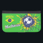 Brasil soccer football goal named flap case<br><div class="desc">Bright yellow,  blue and green (Brazilian colors) football / soccer ball splatting in the back of the goal / net with brasil flag cell phone case. Ideal for Brazilian football or soccer fans,  personalize with your own name currently reads Matheus. Designed by Sarah Trett.</div>