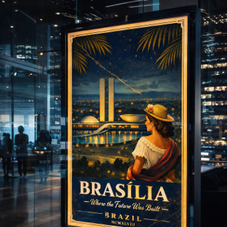 Brasília Brazil Vintage Travel Poster Night