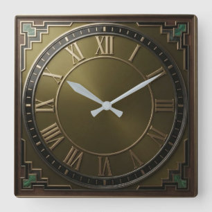 Brass Art Deco Luxury Malachite Corner Roman Numer Square Wall Clock