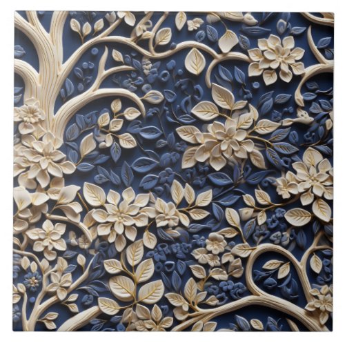 Brass Flower Tree Golden and Blue Mural Relief Ceramic Tile