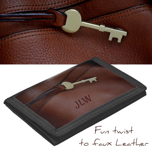 Brass Key on Brown faux Leather with Initials Trifold Wallet