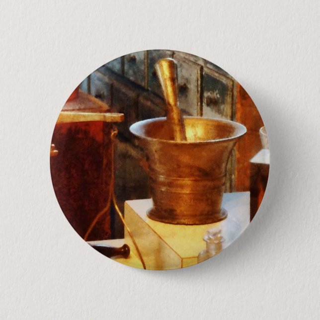 Brass Mortar And Pestle Pinback Button (Front)