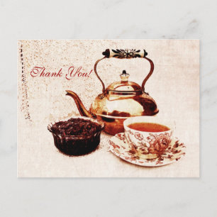 brass tea-pot, a cup of tea and jam tank you postcard