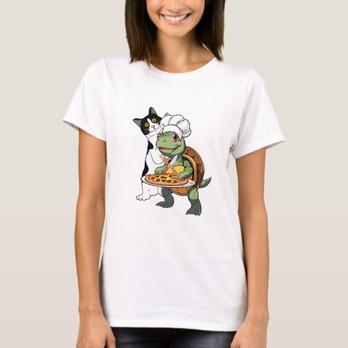 brat cat  and cute turtle  eating pizza T_Shirt